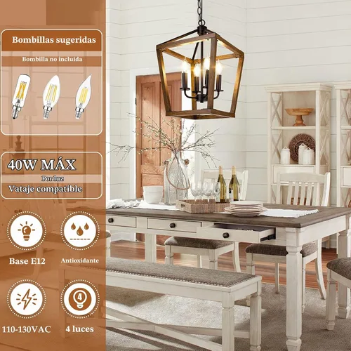 Vista 5 de Lámpara de araña estilo granja para cocina y comedor, lámpara colgante rústica de 4 luces para techo con altura ajustable en acabado de madera