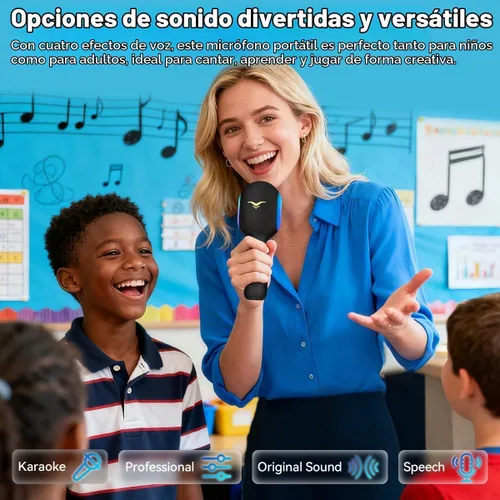 Vista 6 de Micrófono inalámbrico Bluetooth para karaoke, micrófono portátil 5 en 1 con altavoz y luces RGB dinámicas, mini máquina de karaoke para viajes