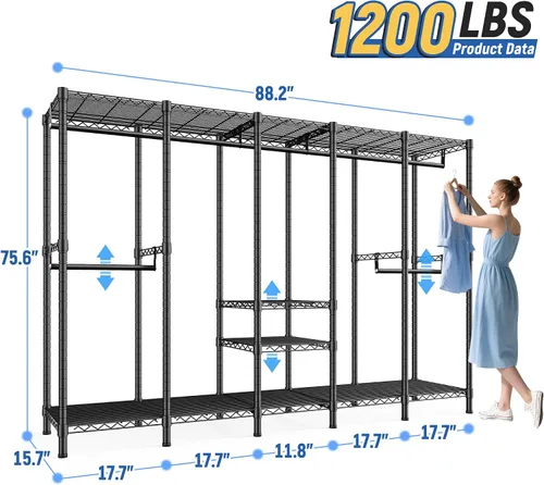 Vista 7 de Raybee Perchero de ropa resistente de 88.2 pulgadas de ancho, para colgar ropa, extra ancho, portátil, cargas de armario, 1200 libras, estante Negro