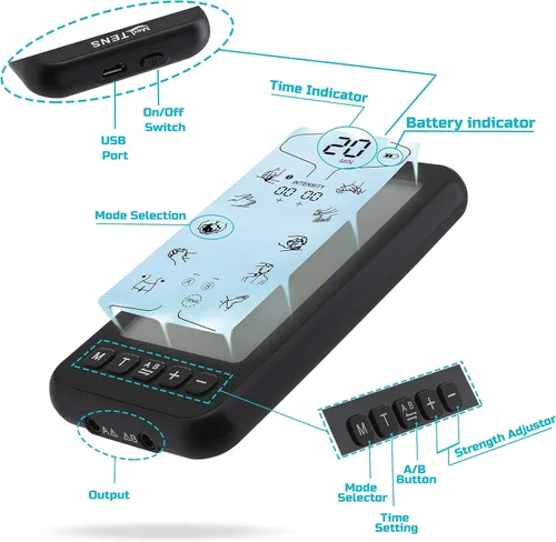 Vista 4 de Tens Unit - Estimulador muscular EMS 24 modos de masaje, terapia de alivio del dolor, máquina TENS de doble canal, masajeador de pulso, intensidad