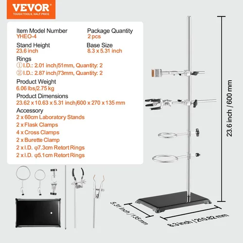 Vista 7 de VEVOR Juego de 2 soportes de soporte de laboratorio, soporte de laboratorio de acero con varilla de 23.6 pulgadas y base de hierro fundido de 8.3 x