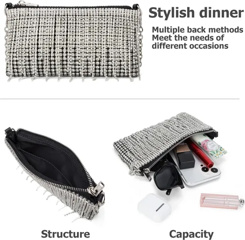 Vista 5 de Bolso cruzado de diamantes de imitación brillantes para mujer, con borla, cadena plateada, para fiesta de graduación de noche, fiesta