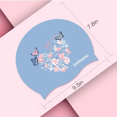 Vista 2 de Gorro de natación para mujer, gorra de natación de silicona para cabello largo con estampado de flores