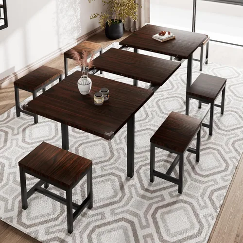 Vista 9 de iPormis Juego de mesa de comedor extensible de 7 piezas con 6 taburetes, juego de mesa de cocina de 63 pulgadas para 4 a 8 personas, mesa de comedor