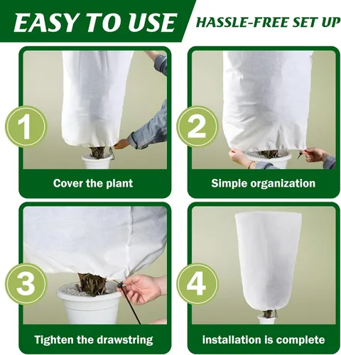 Vista 5 de Alpurple Paquete de 3 cubiertas de invierno con cordón para plantas, bolsas cálidas de protección para plantas, 47 x 31.5 pulgadas, manta de tela