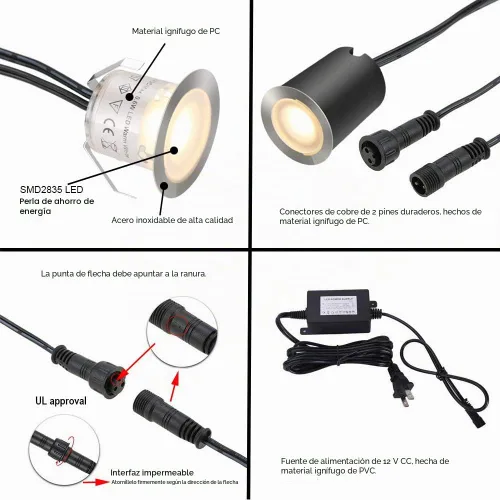 Vista 5 de SMY Lighting Paquete de 10 kits de luces LED empotrables para terraza con carcasa protectora, 32 mm, luz blanca cálida, IP67 impermeable, 12 V