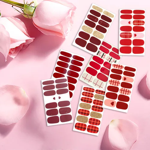 Vista 4 de 16 hojas de tiras de esmalte de uñas de color rojo a cuadros de color sólido para mujeres, calcomanías autoadhesivas de esmalte de uñas, tiras