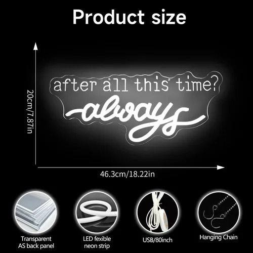 Vista 4 de Letrero de neón con texto en inglés «After All This Time Always para decoración de pared, boda, letreros de luz LED de neón para dormitorio, regalos