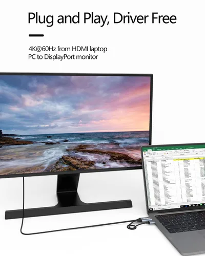 Vista 4 de fairikabe Cable HDMI activo a Displayport 4K a 60Hz [6.6FT/2M, unidireccional], adaptador convertidor de entrada HDMI a salida DP compatible