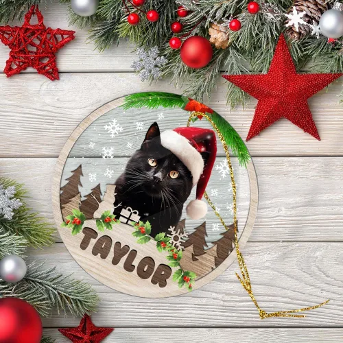 Vista 6 de Adorno personalizado de gato negro para regalo de Navidad de 2.90 x 2.90 pulgadas, acrílico personalizado con nombre de mascota, árbol para colgar