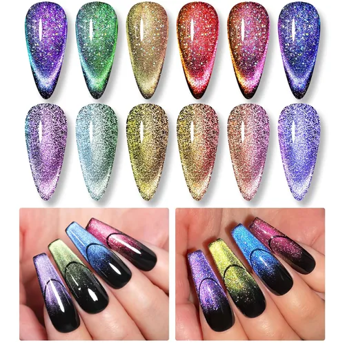 Vista 4 de Born Pretty - Esmalte de uñas de gel magnético 9D con purpurina reflectante, esmalte de gel holográfico de color gato magnético, juego de 7ml, 6