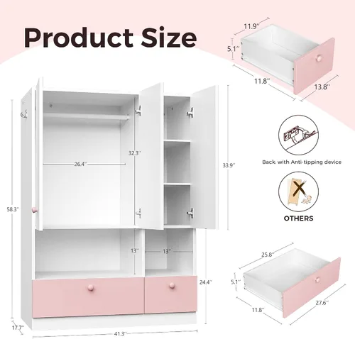 Vista 2 de Armario blanco con barra para colgar, armario independiente de madera de 3 puertas para dormitorio y dormitorio, armarios de dormitorio