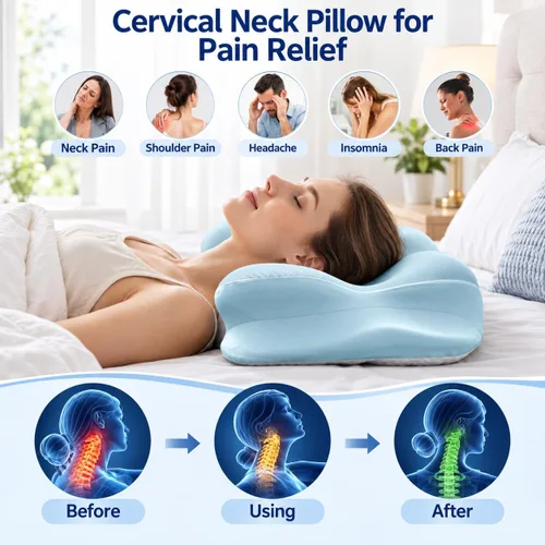 Vista 4 de Almohada cervical para el cuello – Almohadas de espuma viscoelástica para aliviar el dolor y dormir con funda de almohada refrescante, almohada Azul