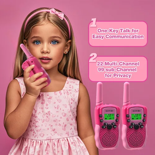 Vista 5 de Walkie Talkies para niños BATURU, paquete de 2 unidades en color rosa, regalo para niñas de 4 a 8 años, de largo alcance, juguetes fáciles de usar