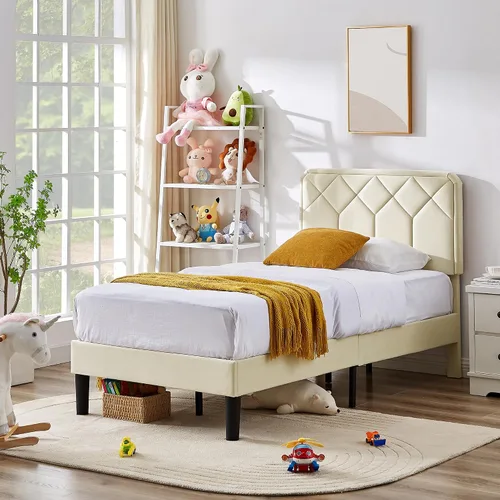 Vista 3 de VECELO Marco de Cama Tamaño Twin con Plataforma Tapizada de Terciopelo Premium con Cabecera Ajustable en Altura/Base de Colchón, Soporte de Listones