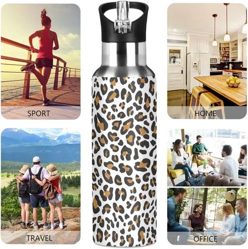 Vista 5 de Botella de agua de acero inoxidable aislada con estampado de leopardo, con popote, 20 onzas, a prueba de fugas, botella de agua deportiva sin BPA