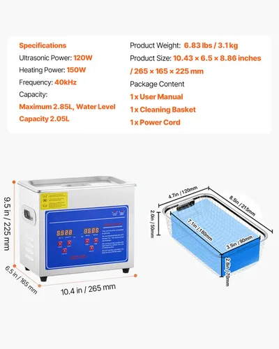 Vista 7 de VEVOR Limpiador Ultrasónico de 3L con Función de Calentamiento, Temporizador Digital y Tanque de Acero Inoxidable, Máquina de Limpieza Ultrasónica