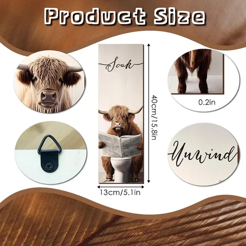 Vista 2 de Letrero de madera para decoración de baño de vaca de las montañas, 4 piezas, diseño de vaca rústica para colgar en casa, cuarto de servicio