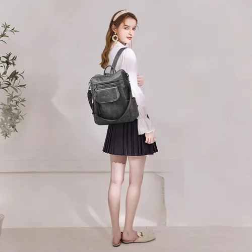 Vista 2 de OPAGE Mochila de cuero para mujer, diseño de moda, bolsos de hombro para mujer, mochila de viaje con pulsera