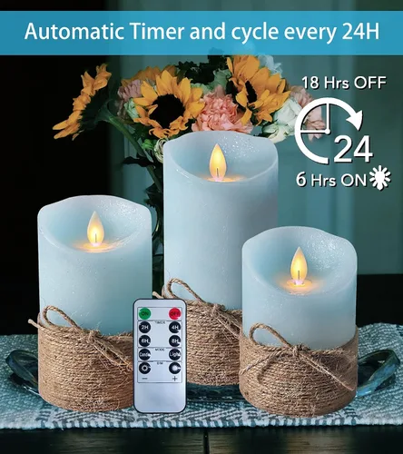 Vista 2 de Velas sin llama azul océano, velas LED de pilar con control remoto y temporizador, velas decorativas parpadeantes para regalos, fiestas, bodas