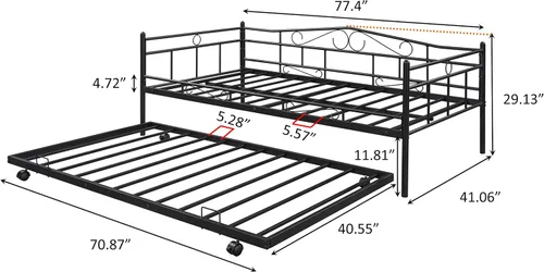Vista 2 de Sofá cama de marco metálico de tamaño individual con ruedas extraíbles, soporte de sofá cama de listones de acero resistente para invitados, sofá