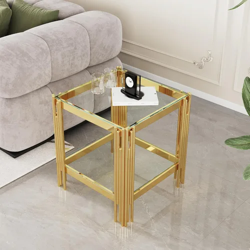 Vista 43 de Mesa de centro de cristal de lujo, mesa de centro de sofá de 47 pulgadas con marco de acero inoxidable dorado y parte superior de vidrio negro, mesa