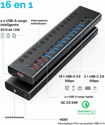 Vista 2 de Hub USB 3.0 alimentado, Splitter de Hub USB de 16 puertos (10 USB-A 3.0+2 QC 24W de carga rápida+2 de carga inteligente+2 puertos USB-C 3.0)