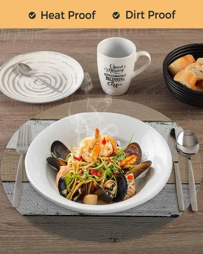 Vista 6 de Juego de 4 manteles individuales redondos de madera degradada, lavables, estilo vintage, marrón, gris, trenzado, resistente al calor, para cocina