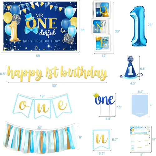 Vista 4 de Decoraciones de Primer Cumpleaños para Niño, Decoraciones de Primer Cumpleaños para Niño, Suministros de Fiesta de Primer Cumpleaños para Bebé