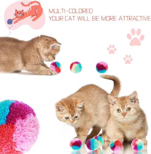 Vista 2 de TIESOME Kit de juguetes para gatos arcoíris - 20 bolas suaves con pompones para jugar y hacer ejercicio en interiores