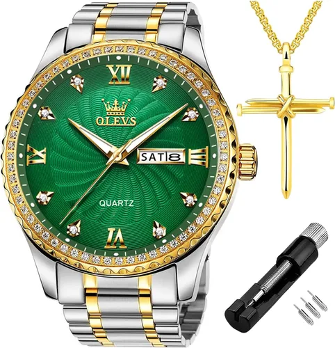 Vista 59 de OLEVS - Relojes de diamantes para hombres, relojes de vestir a prueba de agua, relojes analógicos de cuarzo de lujo con calendario de fecha y correa