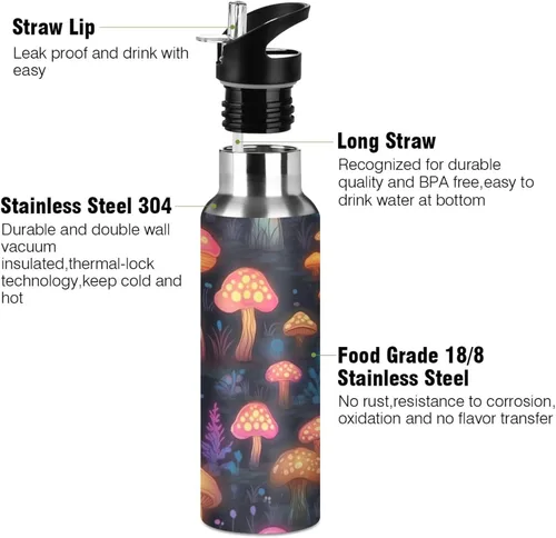 Vista 3 de Vnurnrn Botella de agua deportiva con tapa aislada y pajita, acero inoxidable de 20 onzas, sin BPA, a prueba de fugas, taza deportiva, hongos