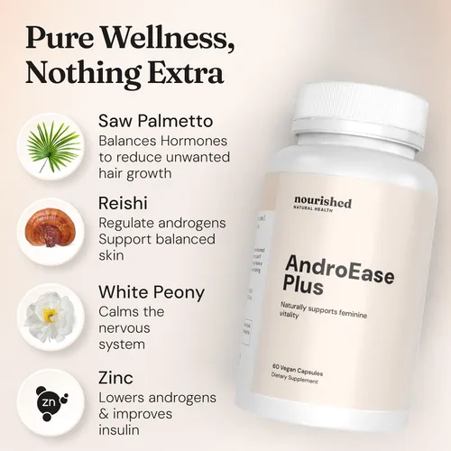 Vista 5 de Nourished AndroEase Plus – Balance hormonal vegano para mujeres – Zinc, Reishi, té verde y palma enana americana para mujeres – para energía