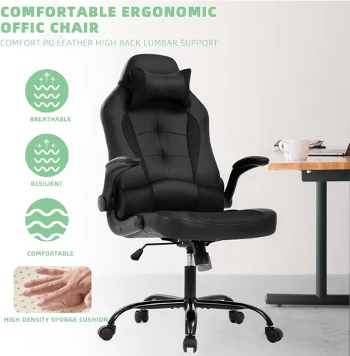 Vista 6 de Silla ergonómica para juegos con reposacabezas ajustable y soporte lumbar, cómoda silla de oficina de piel sintética con respaldo alto para adultos
