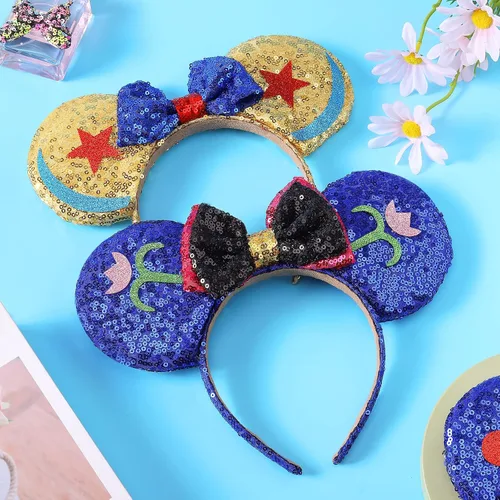 Vista 6 de ZIRICHER Diademas de lazo con orejas de ratón 2 piezas de accesorios de lentejuelas para niñas mujeres adultos niños cosplay fiesta de princesa