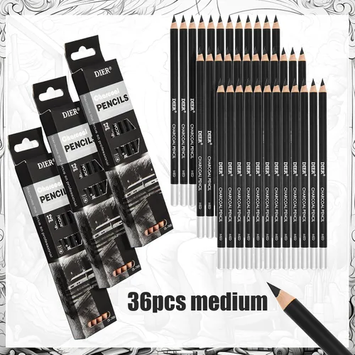 Vista 2 de Geyoga 36 piezas de lápices de carbón profesionales suaves, medianos y duros para dibujo, lápices de carbón para bocetos, sombreado, dibujo, mezcla