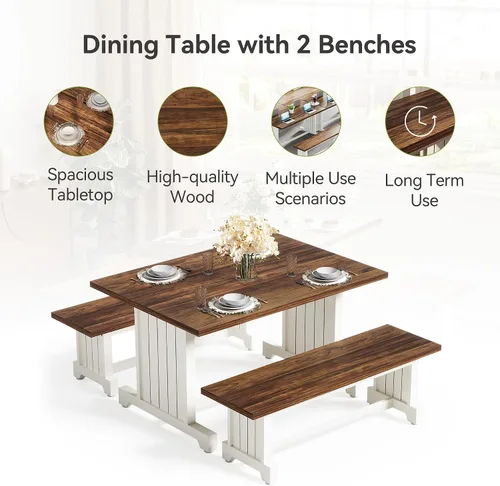 Vista 5 de LITTLE TREE Juego de mesa de comedor para 4 personas con 2 bancos, mesa de cocina moderna con tablero de MDF, comedor que ahorra espacio