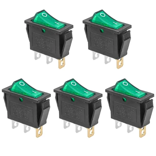 Vista 10 de KCD3 SPST de encendido/apagado de 3 pines, 2 posiciones, interruptor basculante instantáneo DC 12V-24V 30A con LED verde para barco - Paquete de 5