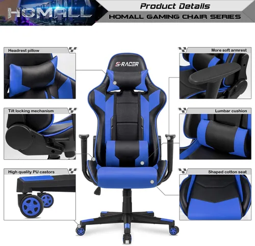 Vista 4 de Homall Silla Gaming, Silla de Oficina Respaldo Alto Silla de Computadora de Cuero Silla de Escritorio Racing Ejecutiva Ergonómica Ajustable Azul