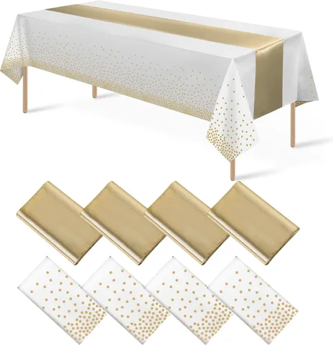 Vista 27 de 8 paquetes de manteles de plástico desechables y juego de camino de mesa de satén negro con dorado, mantel de satén dorado para graduación, boda