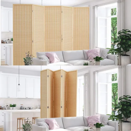 Vista 7 de Divisor de habitación con bambú natural, 5 paneles plegables de privacidad, separador de habitación independiente, color beige
