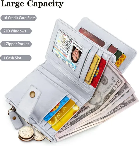 Vista 2 de Cartera pequeña para mujer, billetera plegable con bloqueo RFID, tarjetero con bolsillo con cremallera, Gris (Grey Flower), Vintage