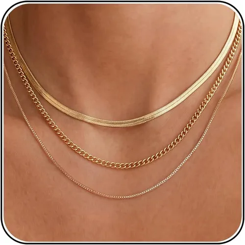 Vista 9 de Tewiky Layered Necklaces for Women Non Tarnish- Chunky 14k Gold Plated Herringbone/Snake/Rope/Box/Cuban Link Chain for Women Waterproof Layering