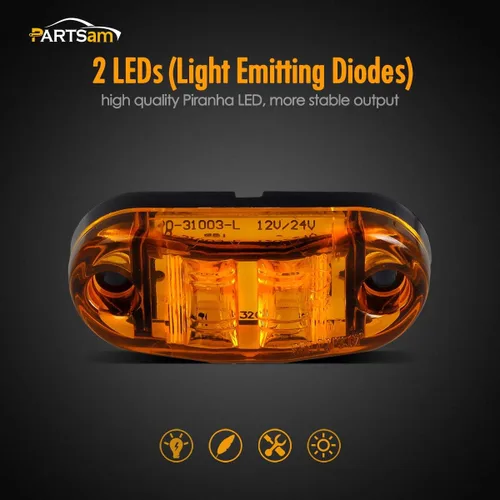 Vista 2 de Partsam 4 piezas de 2.5 pulgadas de lente ámbar ovalada, 2 diodos LED para luz lateral de gálibo de camión y remolque