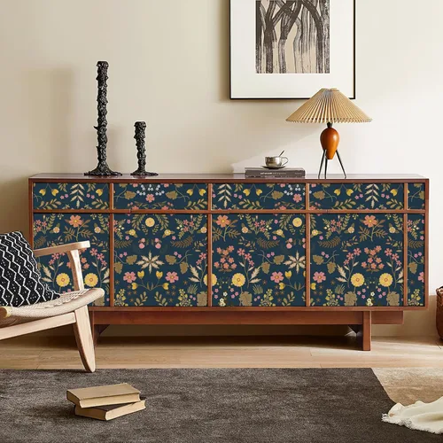 Vista 3 de Simon&Siff Papel Tapiz Floral Despegar y Pegar Azul Marino Bohemio Papel de Pared 60" x 17.3" Azul Oscuro Flores Florecientes Flores Silvestres