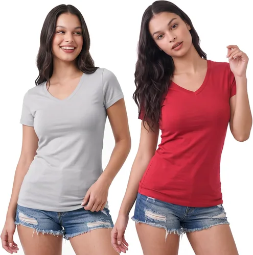 Vista 197 de Emmalise Camiseta de manga corta para mujer, cuello en V, tallas junior y plus