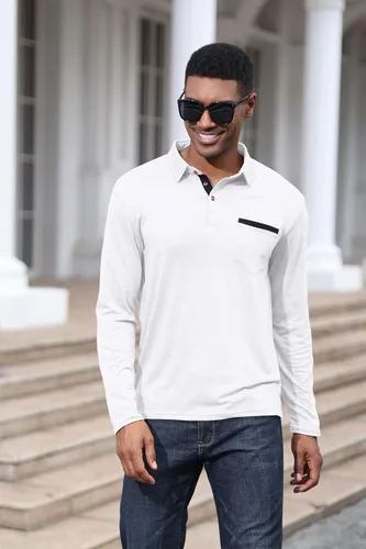 Vista 3 de Polo de algodón clásico de manga larga con botones térmicos y bolsillo para hombre
