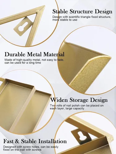 Vista 4 de Lorvain - 10 estantes de almacenamiento de esmalte de uñas de metal para montaje en pared, 5 niveles, color dorado, triangular, vitrinas