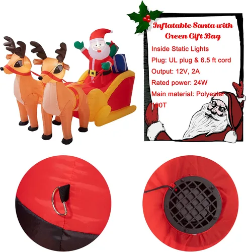 Vista 4 de Sunnyglade - Adorno inflable navideño de Papá Noel de LED de 4.5 x 7 pies para exteriores - Renos que tiran del trineo, adorno navideño de Papá Noel