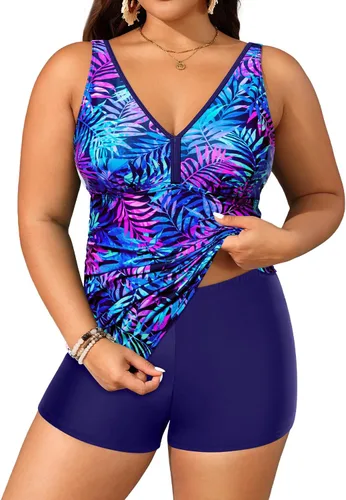 Vista 6 de Yonique Trajes de baño de talla grande para mujer con shorts, control de abdomen, tankini de dos piezas, traje de baño deportivo Aqua y flor azul
